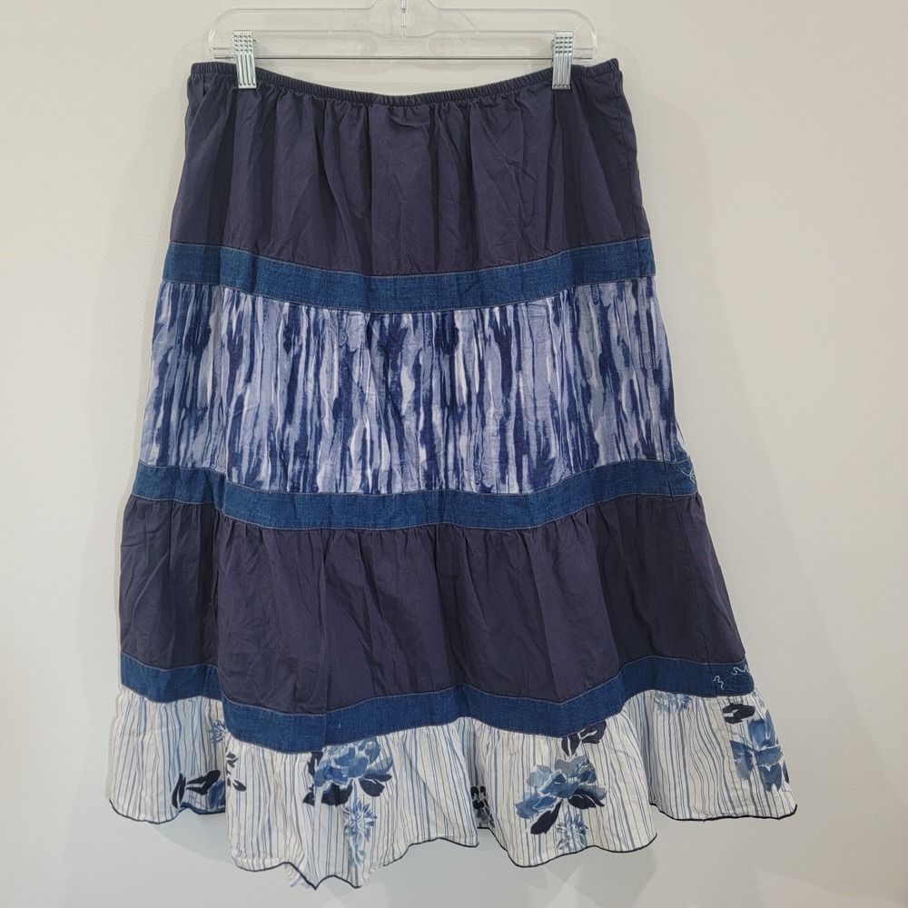 Vintage Womens Maxi Skirt Size 14 Blue Tiered Boho Indie Artsy Floral Tie Dye